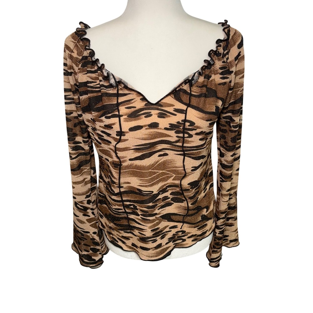 Y2K Jostar Brown Gold Animal Print Glitter V-Neck Bell Sleeve Top USA Made M/L